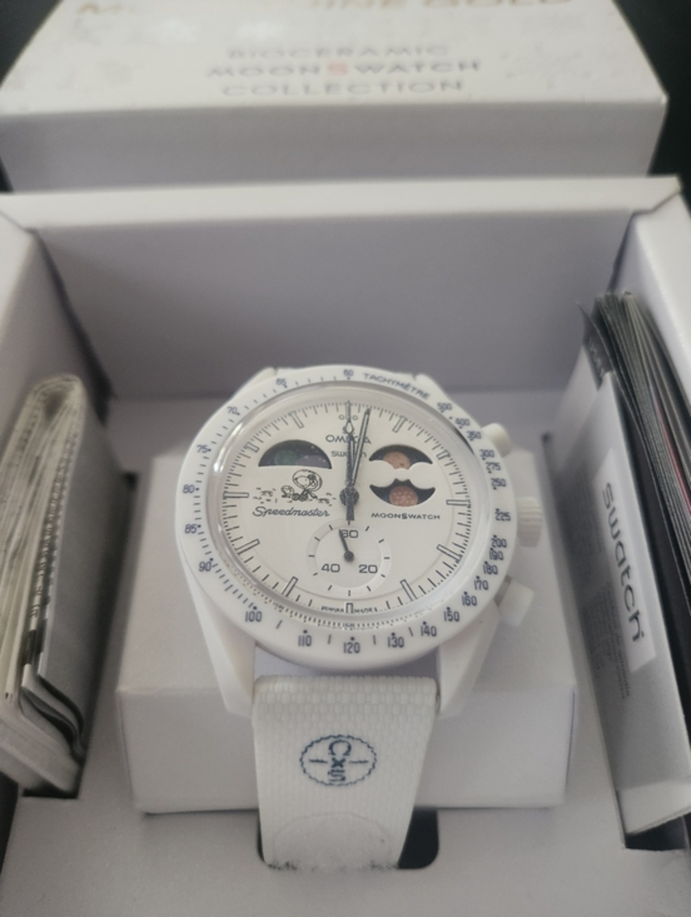 Swatch x 0mega White and Blue Moonshine Gold MoonSwatch Chronograph On HAND